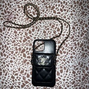 Black Quilted Phone Case with Chain Strap for iPhone 13 Pro Max
